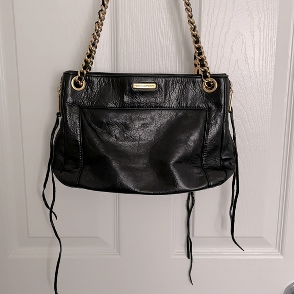 EEUC REBECCA MINKOFF SWING LEATHER BAG BLACK GOLD - Picture 1 of 12